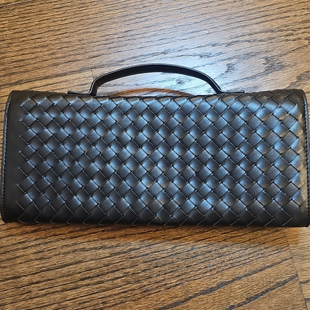 Woven Leather Clutch Bag in Black with Gold Accent - Picture 2 of 11